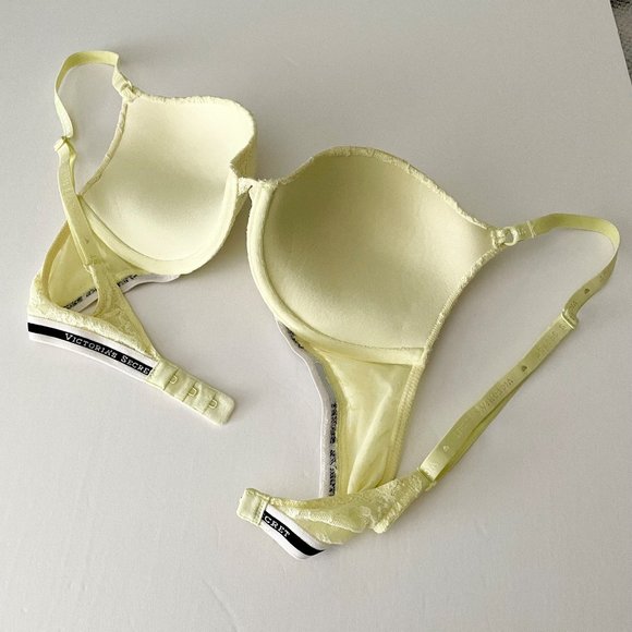 Retro Victoria's Secret Multiway Push Up Bra Neon Yellow Lace Logo Strap 34B - Picture 3 of 6
